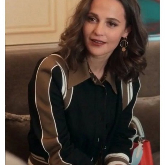 Alicia Vikander Irma Vep Mira Varsity Wool Black and Brown Jacket