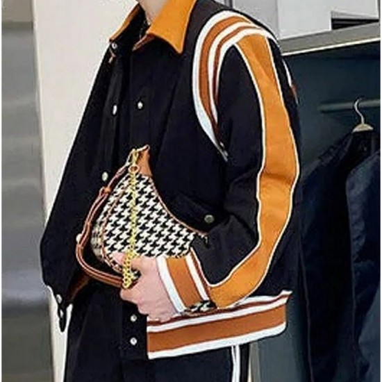 Alicia Vikander Irma Vep Mira Varsity Wool Black and Brown Jacket