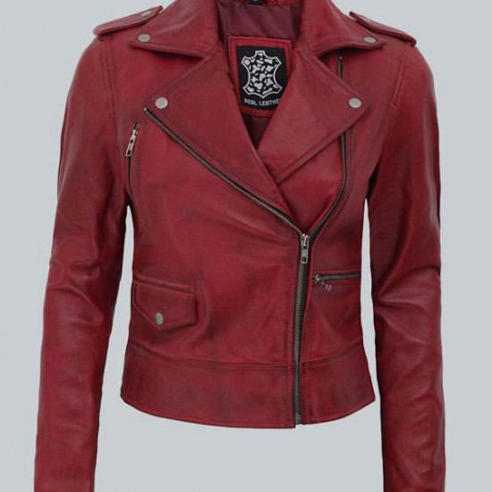 Amber Womens Moto Maroon Asymmetrical Leather Jacket