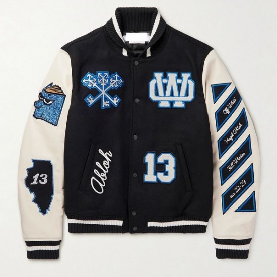 Mens Appliqued Wool Blend Felt and Leather Varsity Bomber Jacket Mens Appliqued Wool Blend Felt and Leather Varsity Bomber Jacket