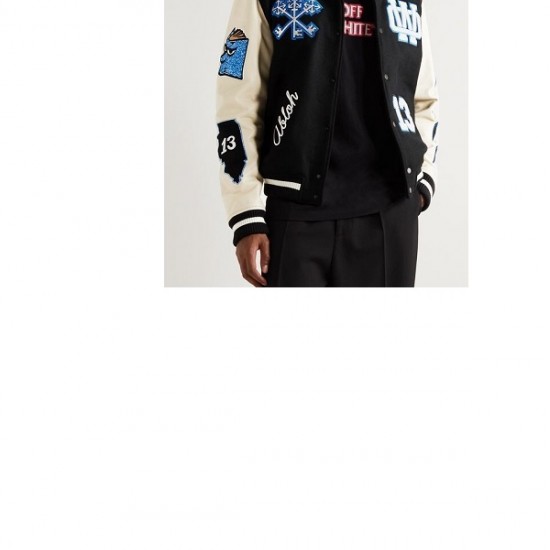 Mens Appliqued Wool Blend Felt and Leather Varsity Bomber Jacket Mens Appliqued Wool Blend Felt and Leather Varsity Bomber Jacket