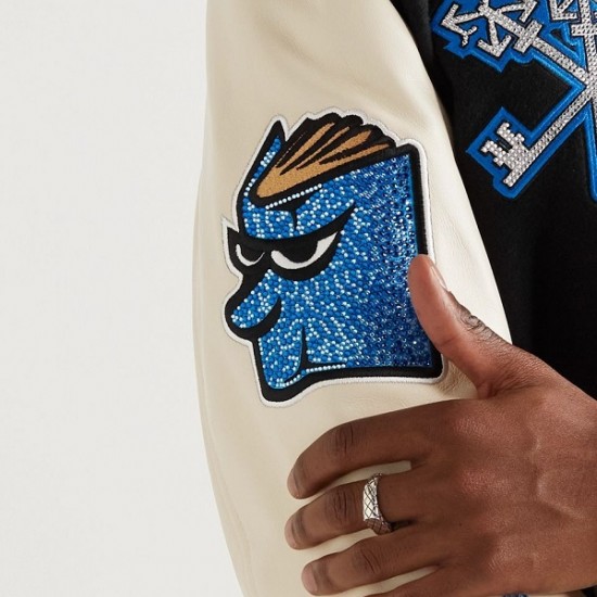 Mens Appliqued Wool Blend Felt and Leather Varsity Bomber Jacket Mens Appliqued Wool Blend Felt and Leather Varsity Bomber Jacket