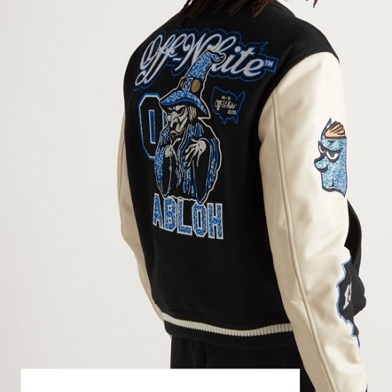 Mens Appliqued Wool Blend Felt and Leather Varsity Bomber Jacket Mens Appliqued Wool Blend Felt and Leather Varsity Bomber Jacket