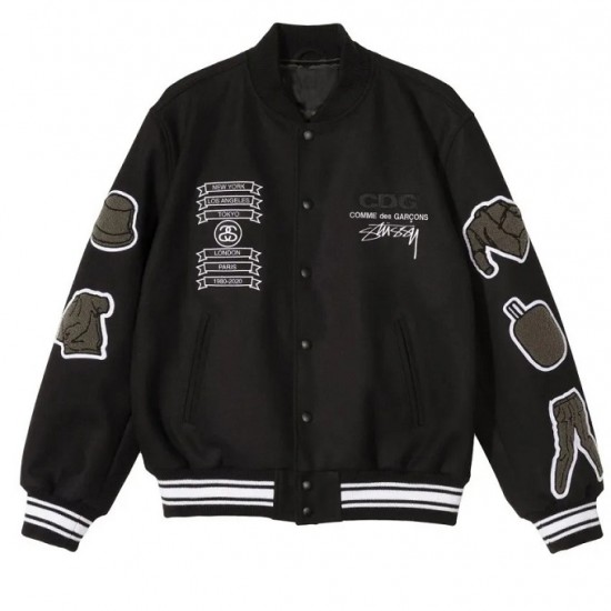 Asap Rocky Stussy CDG Black Wool Letterman Varsity Jacket