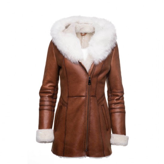 Ayva's Tan Shearling coat with fox fur trim Hoodie Coat