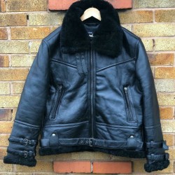 Mens Black Real Leather Real Fur Coat B3 Pilot Military Bomber Leather Jacket 