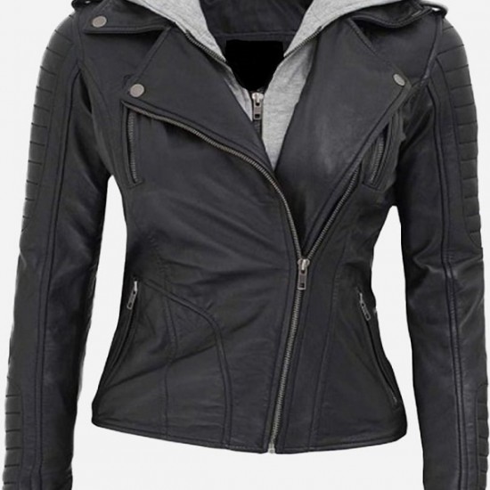 Bagheria Womens Black Hooded Leather Jacket Bagheria Womens Black Hooded Leather Jacket