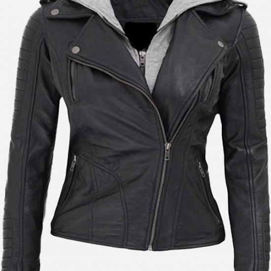 Bagheria Womens Black Hooded Leather Jacket