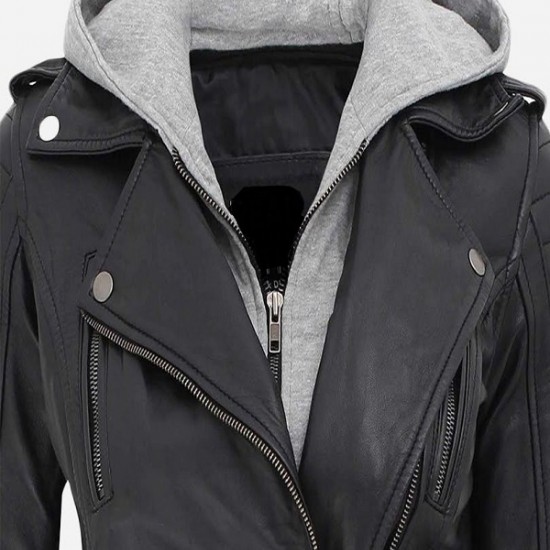 Bagheria Womens Black Hooded Leather Jacket Bagheria Womens Black Hooded Leather Jacket
