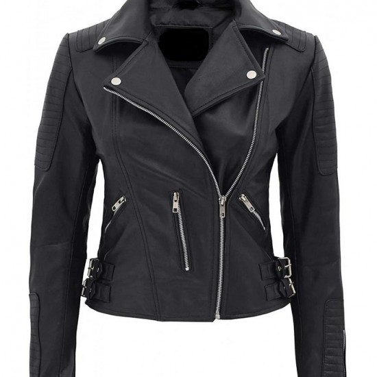 Bari Women's Black Slim Fit Biker Style Real Leather Jacket