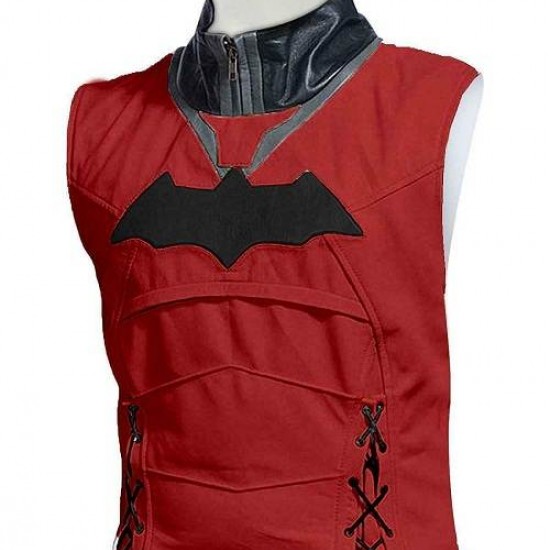 Batman Arkham Knight Black Red Hood Leather Jacket Vest Costume