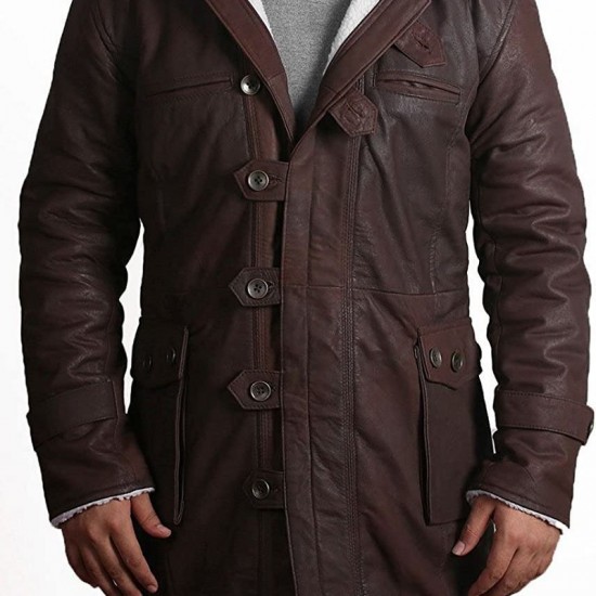 Bane Dark Knight Rises Fur Shearling Pea Coat Men's Distressed Trench Leather Jacket