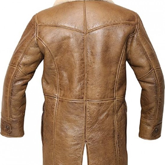 Bane Dark Knight Rises Fur Shearling Pea Coat Men's Distressed Trench Leather Jacket