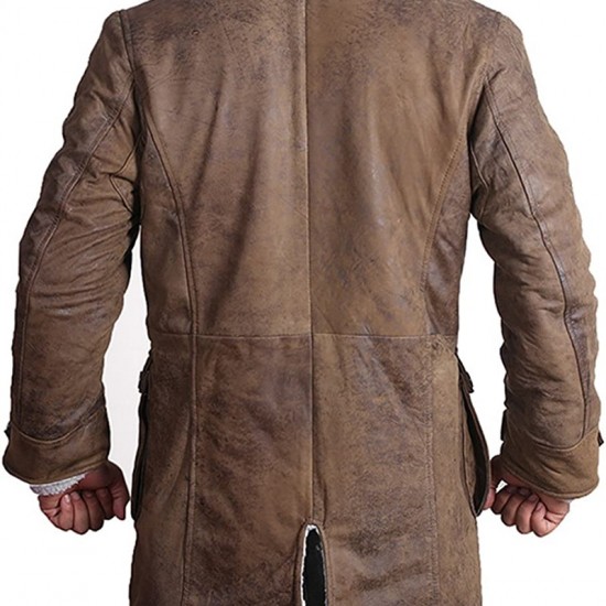 Bane Dark Knight Rises Fur Shearling Pea Coat Men's Distressed Trench Leather Jacket