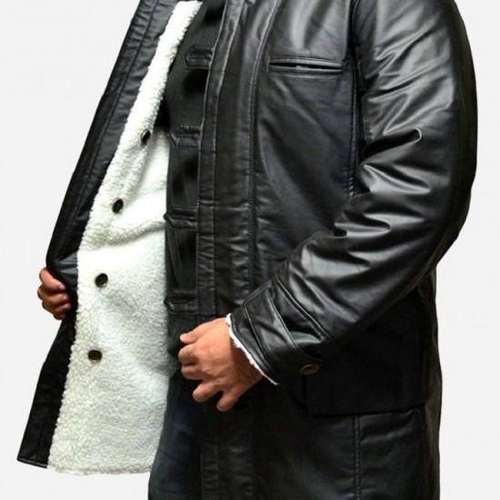 Bane Dark Knight Rises Fur Shearling Pea Coat Men's Distressed Trench Leather Jacket