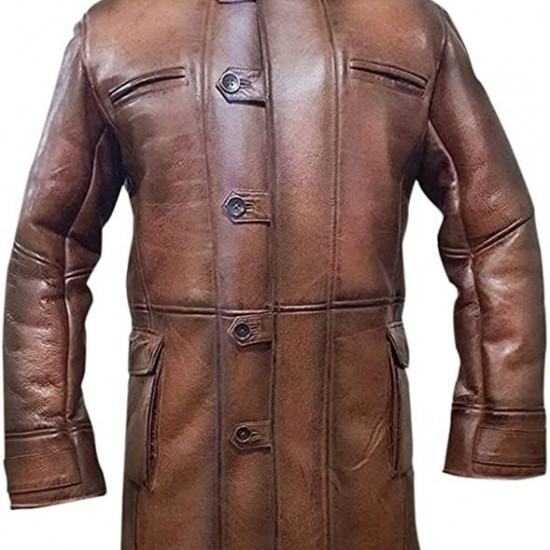 Bane Dark Knight Rises Fur Shearling Pea Coat Men's Distressed Trench Leather Jacket