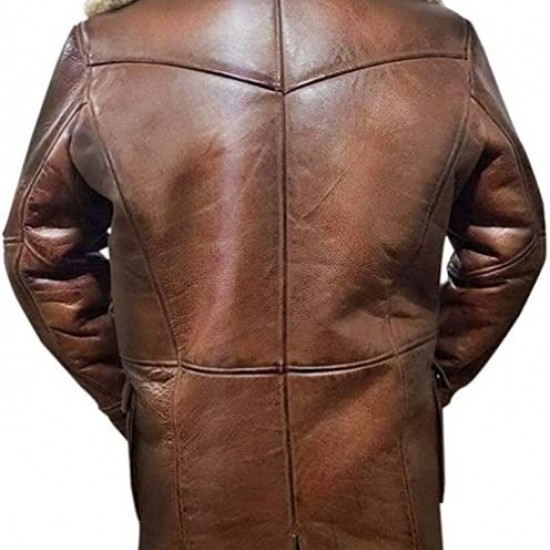 Bane Dark Knight Rises Fur Shearling Pea Coat Men's Distressed Trench Leather Jacket