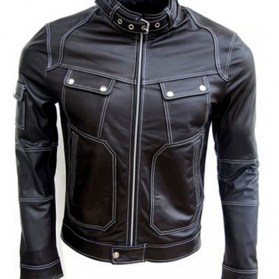 Belted Collar Biker Black Leather Jacket 