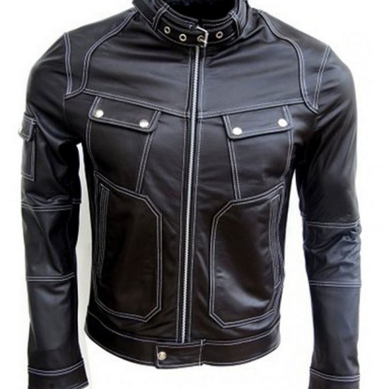 Belted Collar Biker Black Leather Jacket Belted Collar Biker Black Leather Jacket