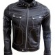 Belted Collar Biker Black Leather Jacket 