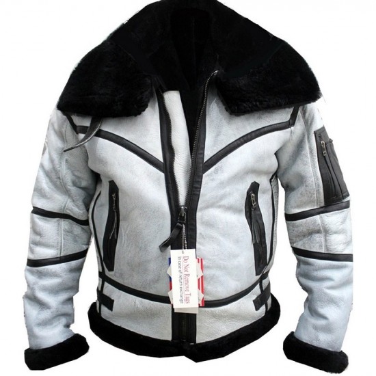 Black Fur Collar Real Leather Jacket Bomber White Jacket Shearling Handmade Mens Leather Jacket