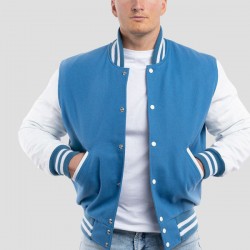 Bright White Leather Sleeves and Newark Blue Wool Body Letterman Jacket