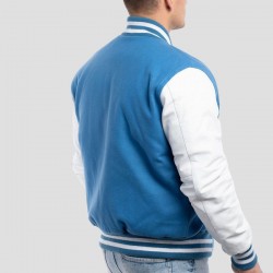 Bright White Leather Sleeves and Newark Blue Wool Body Letterman Jacket