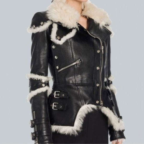 Black Leather Shearling Classic Biker Jacket