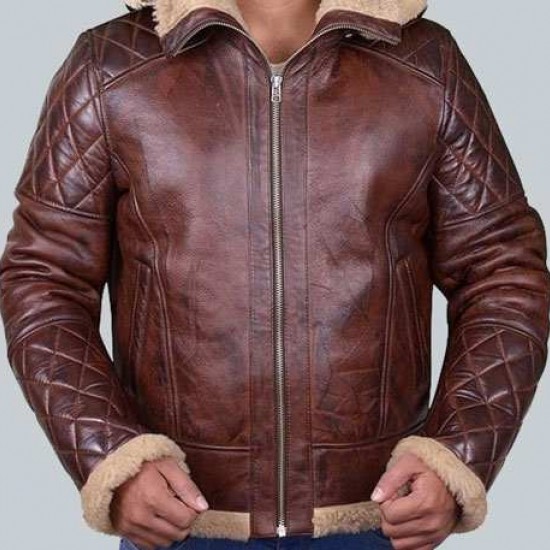New Mens Bomber B3 Diamond Quilted Real Shearling Leather Jacket