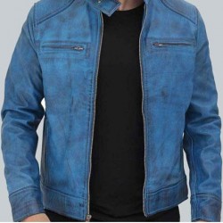 Dodge Cafe Racer Sky Blue Leather Jacket