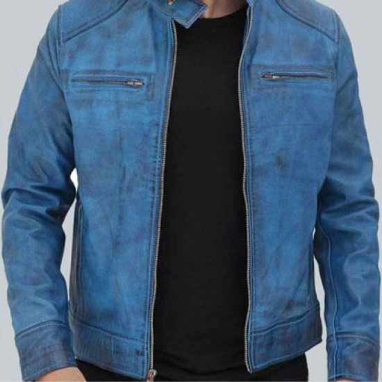 Dodge Cafe Racer Sky Blue Leather Jacket