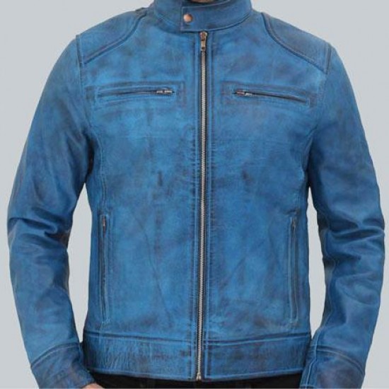 Dodge Cafe Racer Sky Blue Leather Jacket Dodge Cafe Racer Sky Blue Leather Jacket