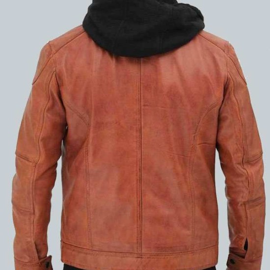 Edward Mens Tan Leather Jacket With Hood