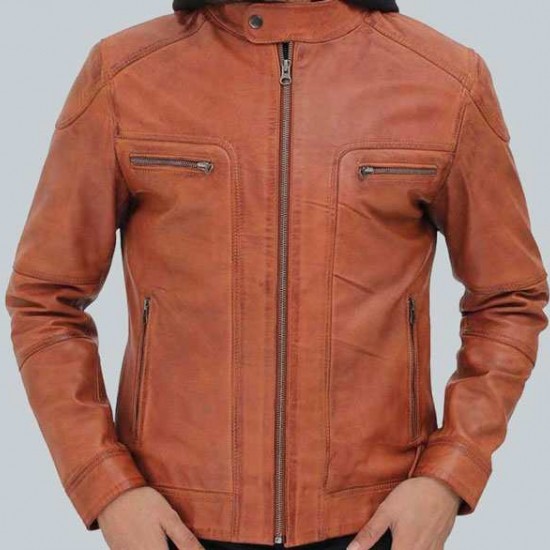 Edward Mens Tan Leather Jacket With Hood