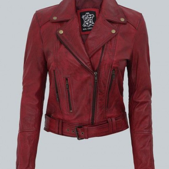 Elisa Womens Maroon Leather Motorcycle Jacket