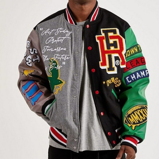 First Row Men's Chenille Patches At Front Varsity Jacket First Row Men's Chenille Patches At Front Varsity Jacket