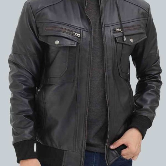 Frank Mens Black Leather Hooded Bomber Jacket
