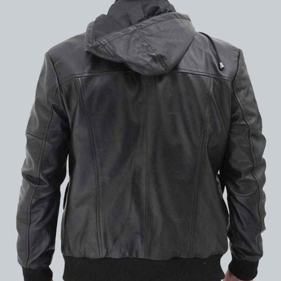 Frank Mens Black Leather Hooded Bomber Jacket