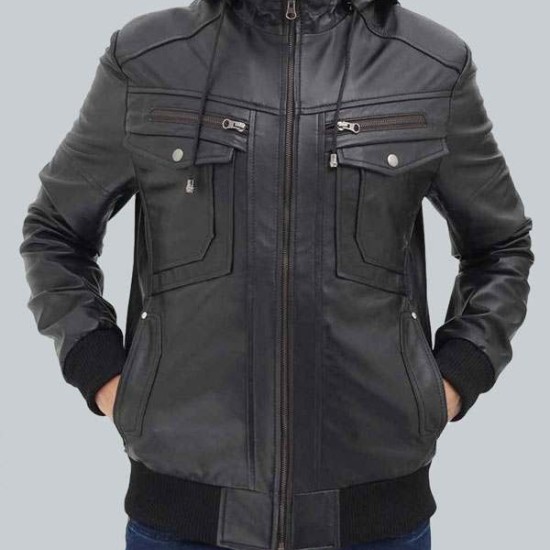 Frank Mens Black Leather Hooded Bomber Jacket