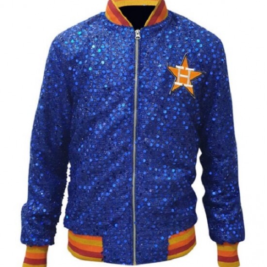 Womens Houston ASTROS SEQUIN Jacket Bomber Sparky Glitter Moon light Blue Jacket Womens Houston ASTROS SEQUIN Jacket Bomber Sparky Glitter Moon light Blue Jacket