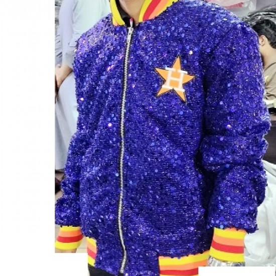 Womens Houston ASTROS SEQUIN Jacket Bomber Sparky Glitter Moon light Blue Jacket Womens Houston ASTROS SEQUIN Jacket Bomber Sparky Glitter Moon light Blue Jacket