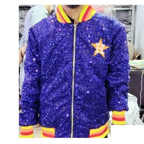 Womens Houston ASTROS SEQUIN Jacket Bomber Sparky Glitter Moon light Blue Jacket Womens Houston ASTROS SEQUIN Jacket Bomber Sparky Glitter Moon light Blue Jacket