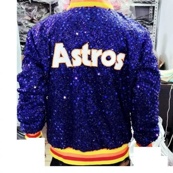 Womens Houston ASTROS SEQUIN Jacket Bomber Sparky Glitter Moon light Blue Jacket Womens Houston ASTROS SEQUIN Jacket Bomber Sparky Glitter Moon light Blue Jacket