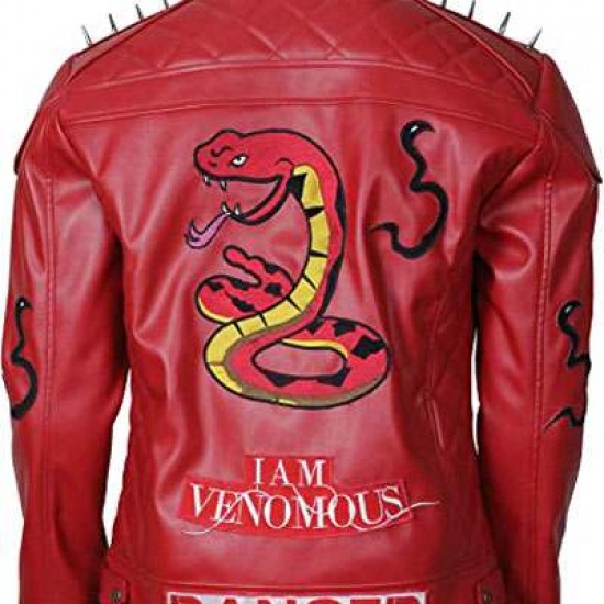 I Am Venomous Last Bite Snake Logo Danger Red Studded Biker Leather Jacket I Am Venomous Last Bite Snake Logo Danger Red Studded Biker Leather Jacket