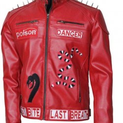 I Am Venomous Last Bite Snake Logo Danger Red Studded Biker Leather Jacket