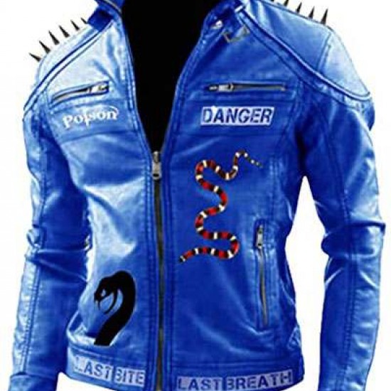 I Am Venomous Last Bite Snake Logo Danger Studded Biker Leather Jacket I Am Venomous Last Bite Snake Logo Danger Studded Biker Leather Jacket