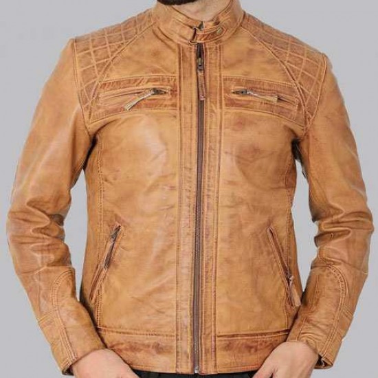 Johnson Quilted Distressed Camel Leather Jacket Mens Johnson Quilted Distressed Camel Leather Jacket Mens