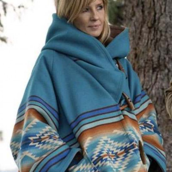 Kelly Reilly Yellowstone Season 03 Wool Blend Beth Dutton Blue Hooded Coat