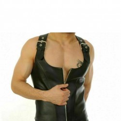 Leather Buckle Waistcoat Lace Up Style Zip Top Jacket Mens