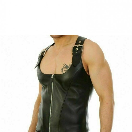 Leather Buckle Waistcoat Lace Up Style Zip Top Jacket Mens
